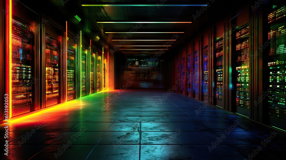 Illustration of a data center, showing computer servers glowing in the dark. Cloud be used to show cloud data storage, internet service providers, etc.