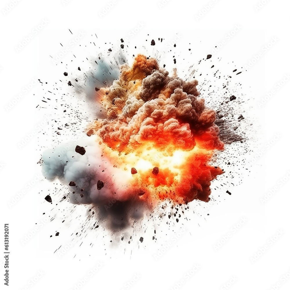 Big explosion effect isolated on white background, created with generative AI Big explosion effect isolated on white background, created with generative AI