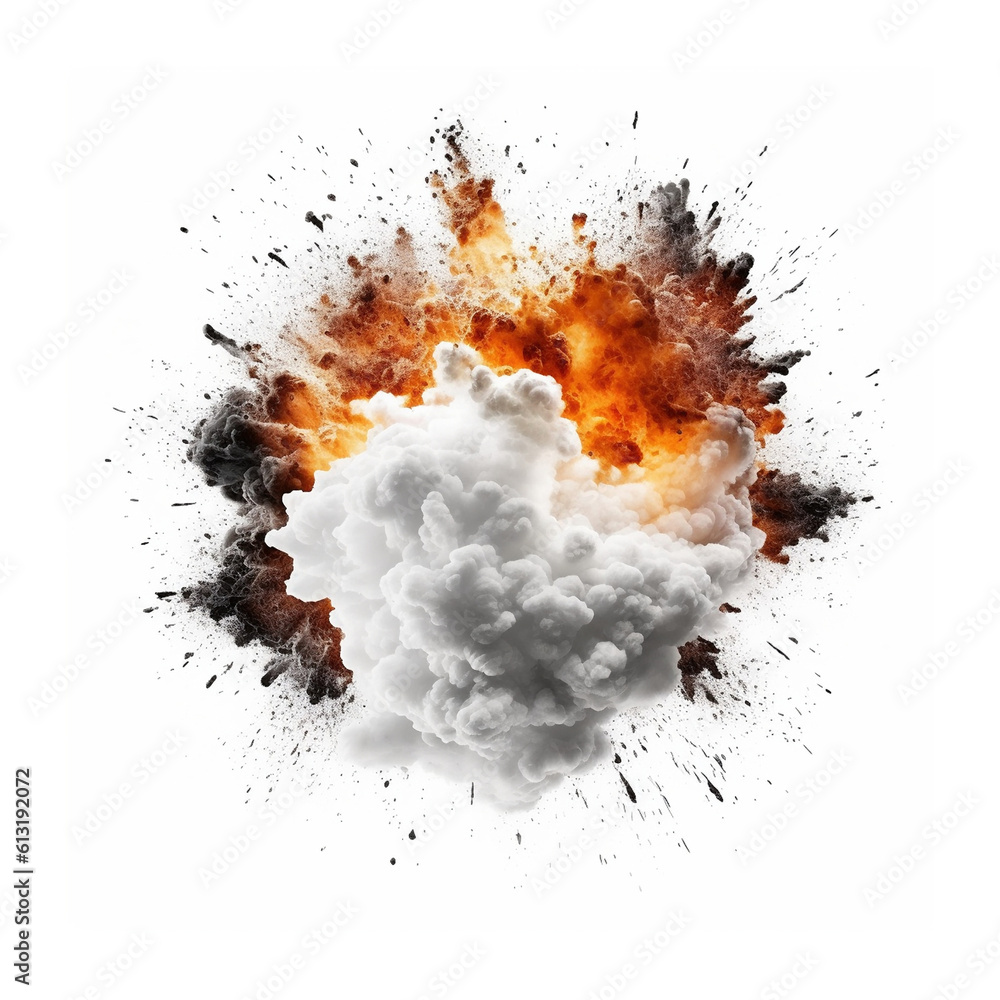 Big explosion effect isolated on white background, created with generative AI Big explosion effect isolated on white background, created with generative AI
