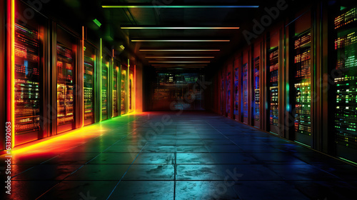 Illustration of a data center, showing computer servers glowing in the dark. Cloud be used to show cloud data storage, internet service providers, etc.