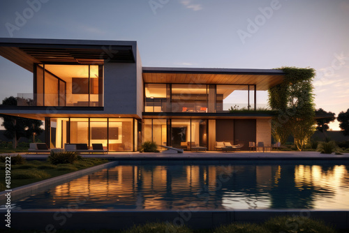 Modern luxury house with pool, evening. Modern architecture. AI generative.