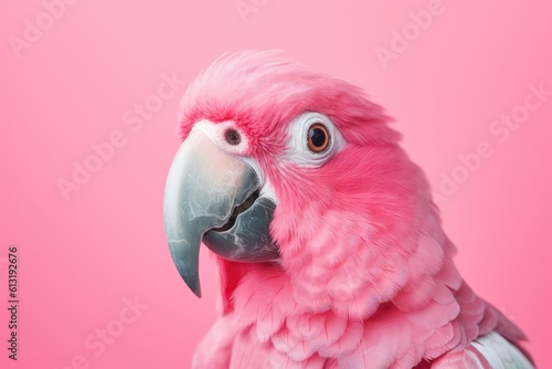Pink parrot on pink background   fluffy pink african parrot on pastel colored pink studio backdrop © Layerform