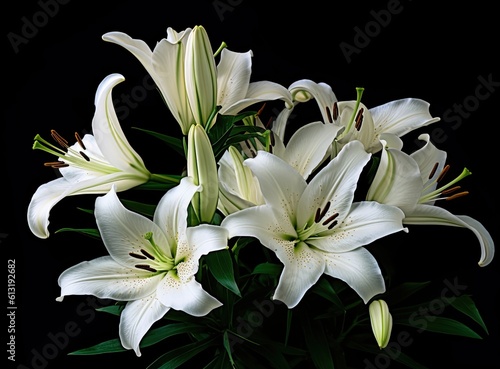 Blooming lilies. Lilium longiflorum, often called the Easter lily, is a plant endemic to both. Created with Generative AI technology.