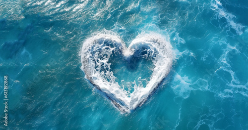 Ariel view of heart shape on the ocean surface aerial top down view landscape background. beautiful blue ocean waves photo