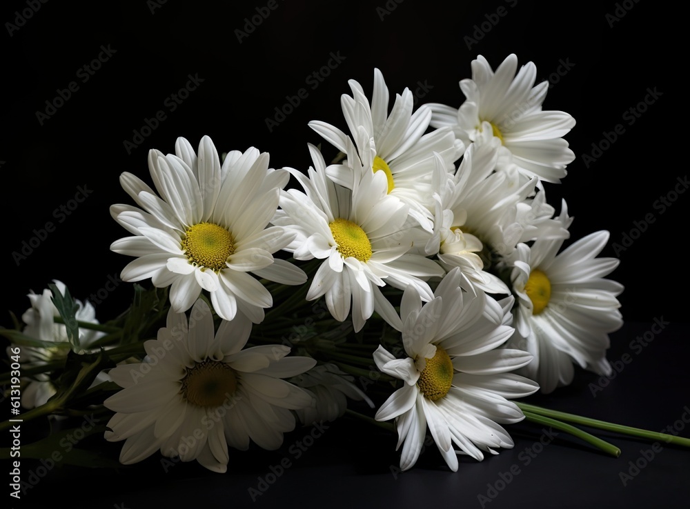 Obraz premium A bunch of white daisy flowers on rustic chalkboard table surface, with blur copy space background. Created with Generative AI technology.