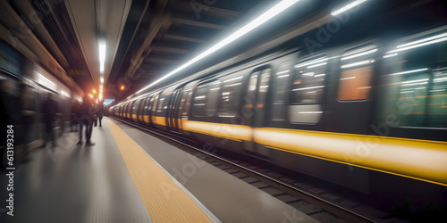 High-Speed Subway Network. fast-paced urban lifestyle with a high-speed subway train racing through the city. efficient transportation system, seamless connectivity for commuters. 