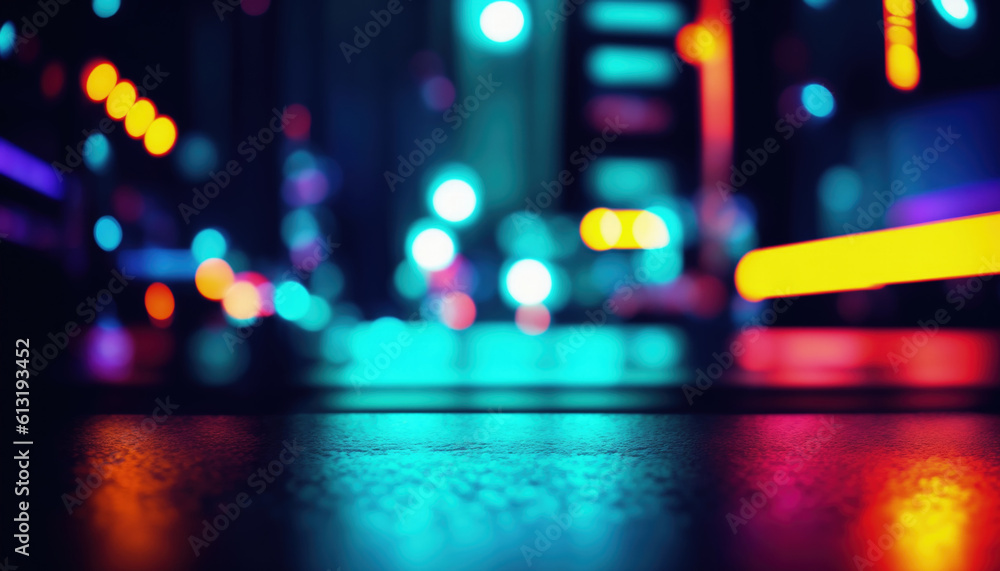 Street view of abstract cityscape background  at night with bokeh. low angle.  Focal point in the foreground for text or product placement, copy space. 
