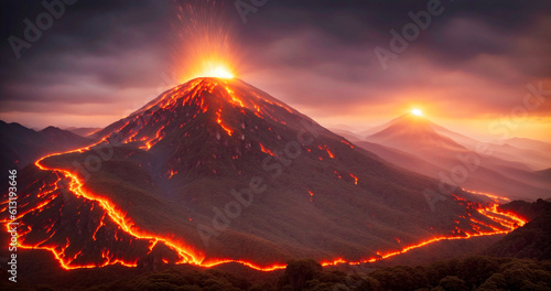 Fiery Volcanic Eruption. close-up view of a dramatic and scenic volcanic landscape, unleashes its explosive power. The intense eruption, with lava and volcanic activity against the dark landscape. 