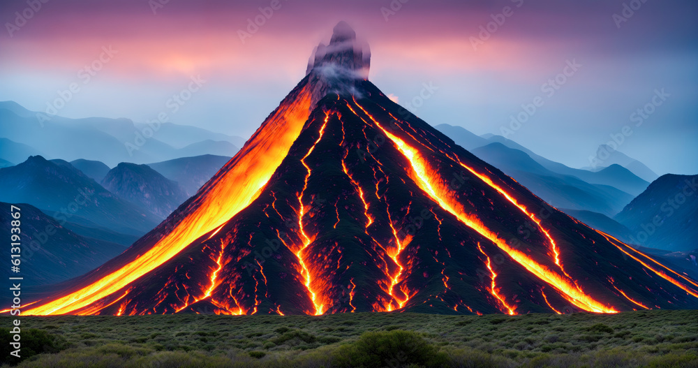 Active volcano landscape, the raw power and natural forces at play as lava flows, explosions occur, and smoke billows from the crater.   Earth's geologic wonders.