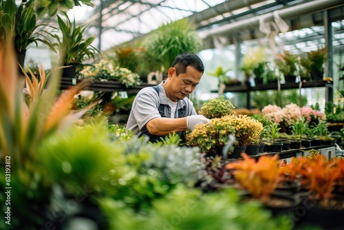 Spirited Small Business Owner Tending Vibrant Garden Center. Generative AI. 