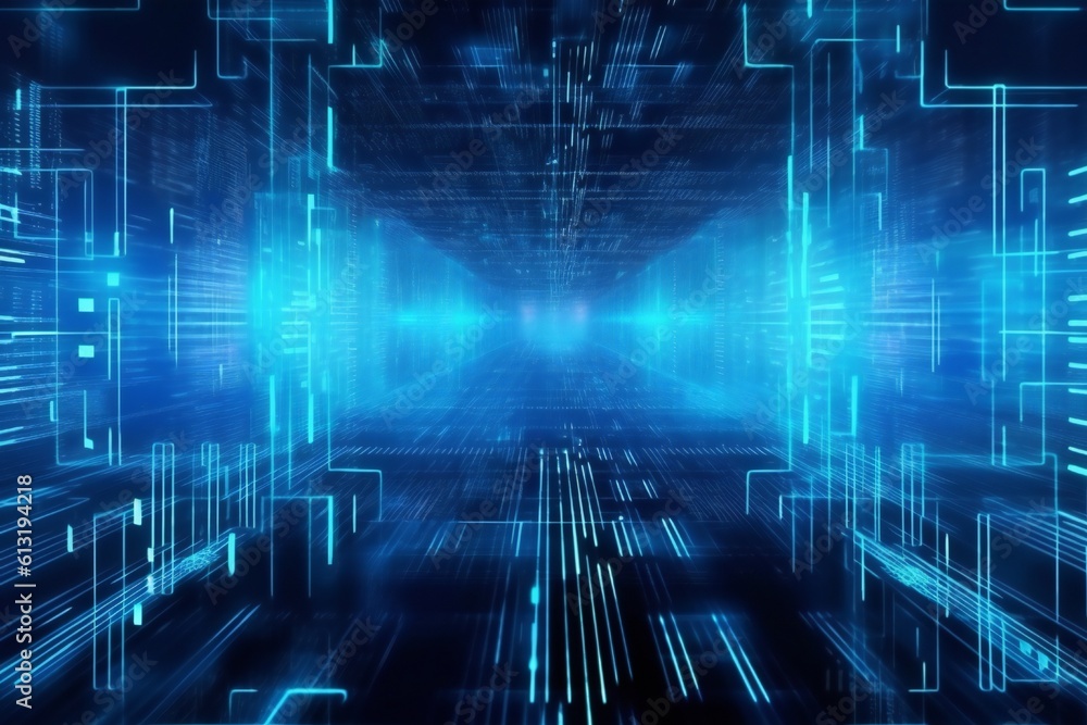 Fototapeta premium Blue data matrix simulation digital line and grid technology with futuristic HUD background Generative AI