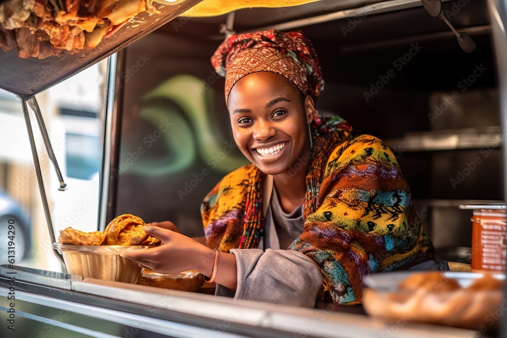 Energetic Food Truck Owner Preparing and Serving Sumptuous Street Food. Generative AI.