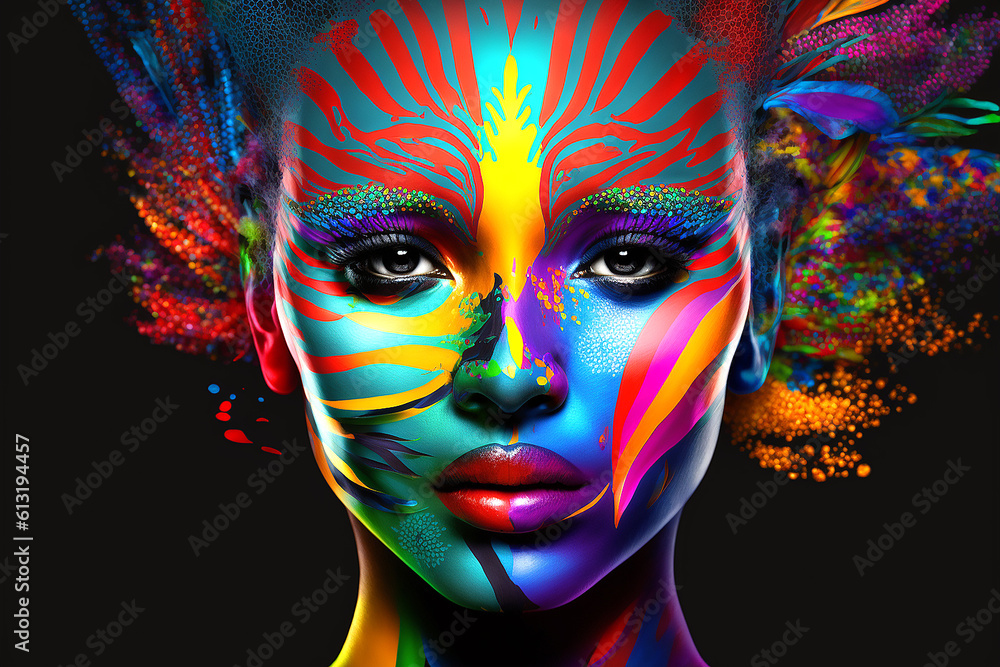 AI generated illustration of a portrait of a woman with a colorful face paint design AI generated illustration of a portrait of a woman with a colorful face paint design