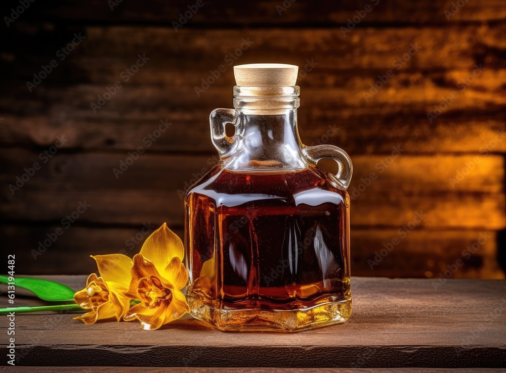 Aromatic homemade vanilla extract on wooden table, closeup. Space for text. Created with Generative AI technology. Aromatic homemade vanilla extract on wooden table, closeup. Space for text. Created with Generative AI technology.