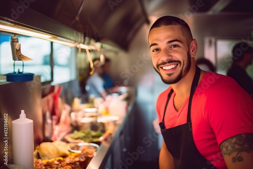 Passionate Small Business Owner in Thriving Food Truck. Generative AI.