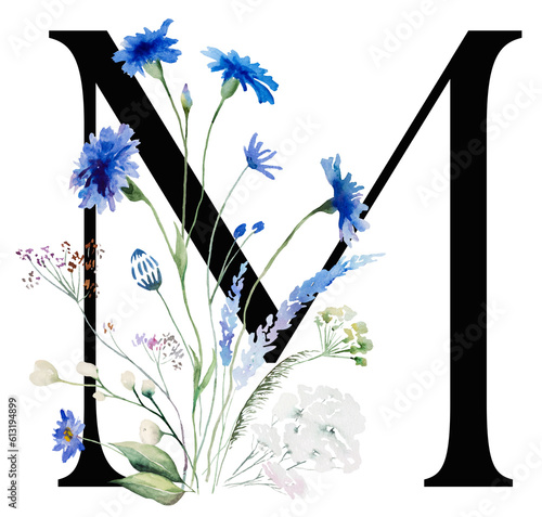 Black letter M with watercolor blue cornflowers and wildflowers bouquet, Summer wedding element photo