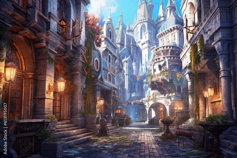 A Magical Mediaeval Street: A Heroic Fantasy Illustration with Gold Flying Buildings and Designs, Generative AI