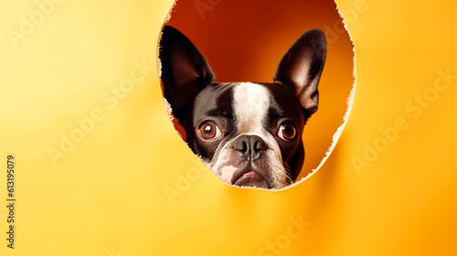 Portrait of French Bulldogs on a yellow background, generative AI.
