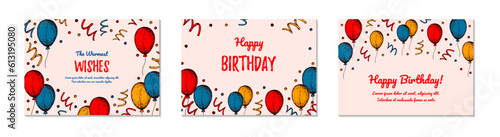 Set of Birthday horizontal greeting cards. Design with hand drawn elements. Celebration invitation  template. Vector illustration in sketch style. Festive kids colorful poster