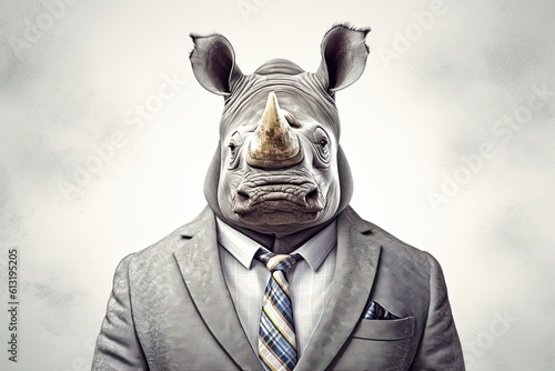 Powerful Businessman: A Rhino in a Stylish Suit at Magdeburg Park Reserve, Kenya, a Conservation Hotspot for Wild Fauna and Flora. Generative AI