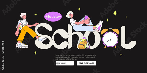 Children prepare to new elementary or middle school year vector illustration. Happy pupils hold books and backpack web banner, sale poster, placard. Back to school concept trendy outline style.
