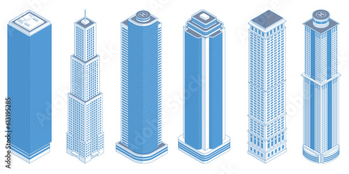 Isometric modern skyscraper outline, modern buildings on write background