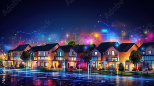 Illustration of houses / neighborhoods with technical theme / smart houses. Could be used to illustrate broadband, internet services, smart meters, house connectivity.