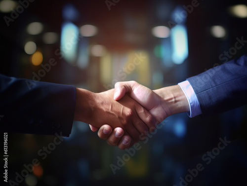 Erfolgreicher Geschäftsabschluss: Business-Handshake zwischen zwei stilvoll gekleideten Personen in Anzügen photo