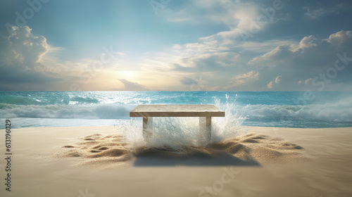  Product backdrop mockup background. Wooden table podium to show off your product   item. The sea in the background with waves crashing over the table.