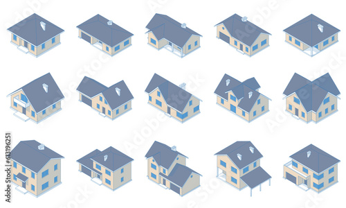 Isometric Isometric modern low villas. Various types of villas. Country house outline
