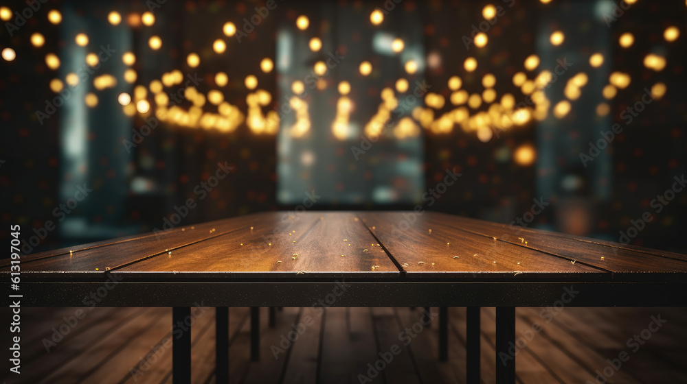  Product backdrop mockup background. Wooden table podium to show off your product / item. Sparking lights like stars in the background with particles falling on the table.