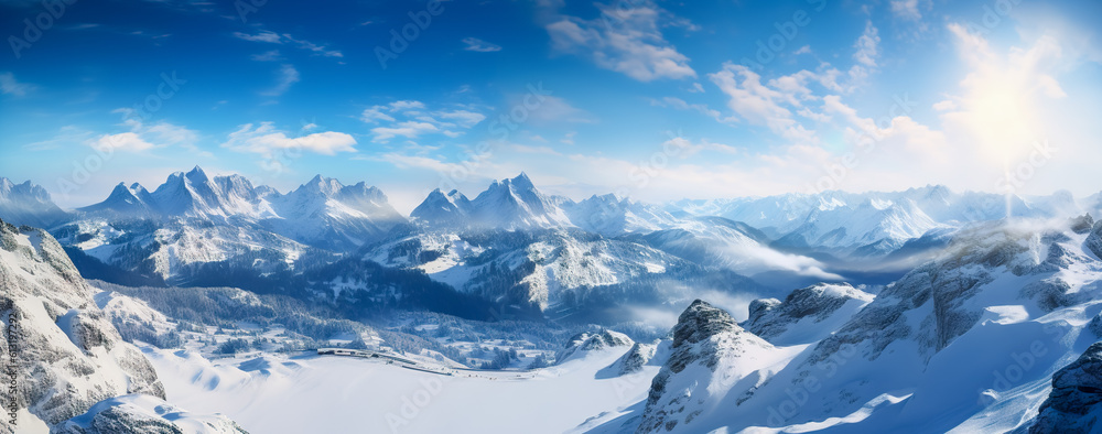 Beautiful panoramic view of snowy mountains. Panoramic mountain landscape. Generative AI