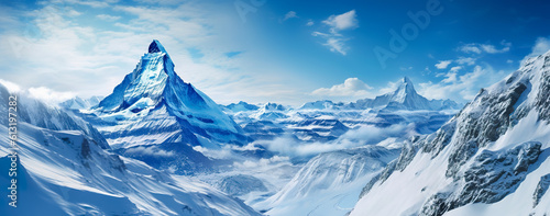 Beautiful panoramic view of snowy mountains. Panoramic mountain landscape. Generative AI photo