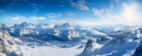 Beautiful panoramic view of snowy mountains. Panoramic mountain landscape. Generative AI © waichi2013th