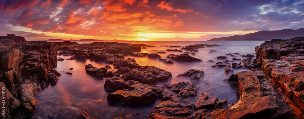 Beautiful seascape at sunset. Long exposure shot. Seascape with rocks and waves. Generative AI