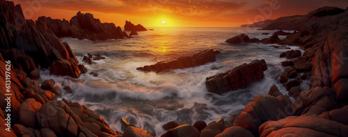 Beautiful seascape at sunset. Long exposure shot. Seascape with rocks and waves. Generative AI