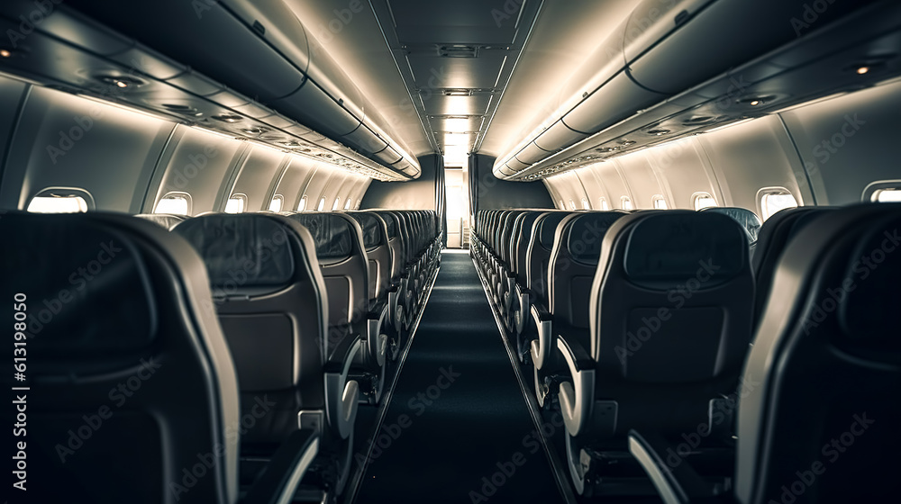 Empty passenger seats in the cabin, generative AI.