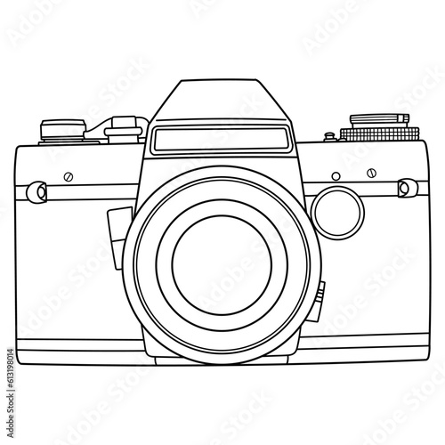 Hand drawing old SLR vintage film photo camera. Front view, front side. Isolated doodle vector illustration