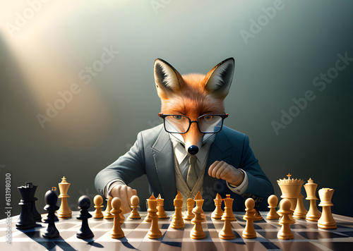 fox in suit with glasses plays chess with a spectator