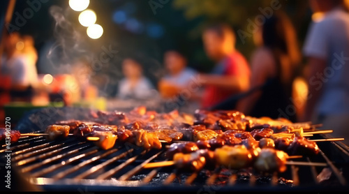 AI-created BBQ party scene, focus on grilling meat and veggies, friends blurred