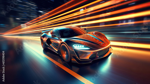 A futuristic sports car on a neon highway, showcasing powerful acceleration with mesmerizing colorful light trails © DigiArtStudio