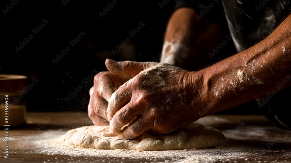 A man kneading dough on wooden table, generative AI.