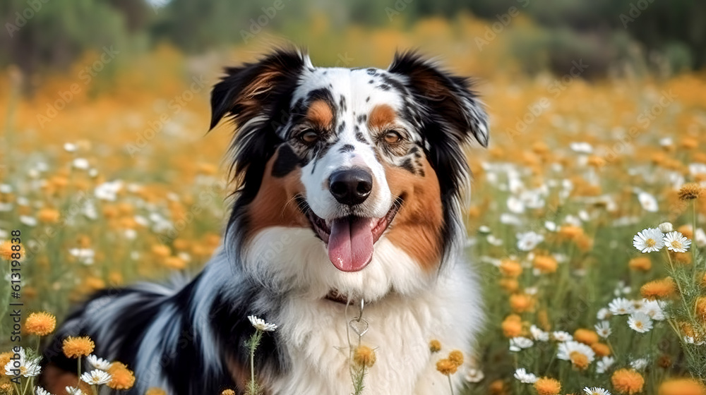 Funny dog in a field among flowers, generative AI.