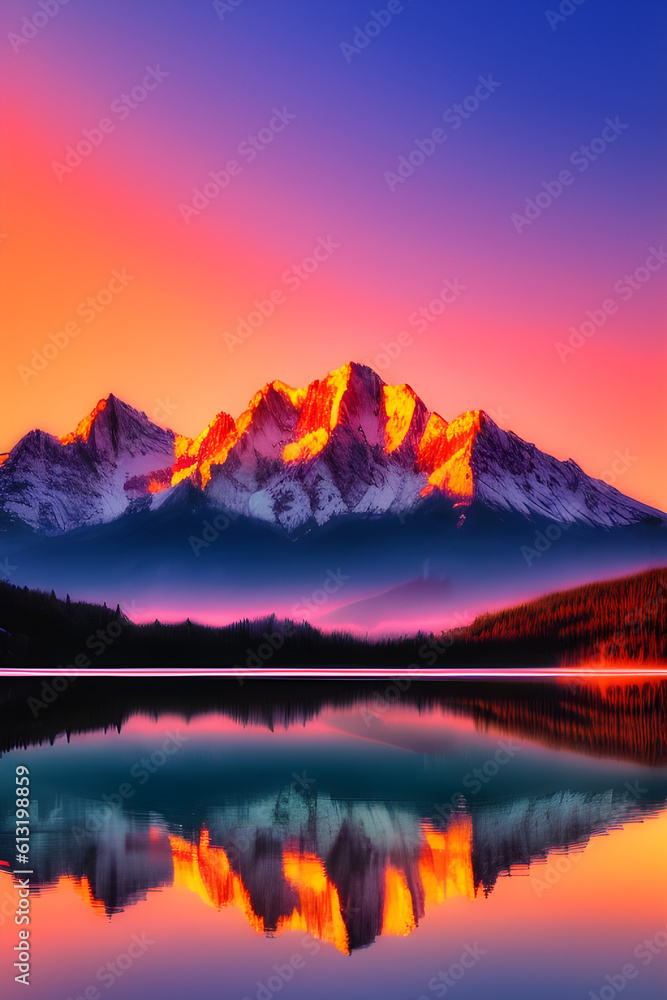 Fototapeta premium The majestic mountains serve as a dramatic backdrop, their peaks reaching towards the sky. The warm hues of the setting sun paint the sky with vibrant shades of orange, pink, and purple.