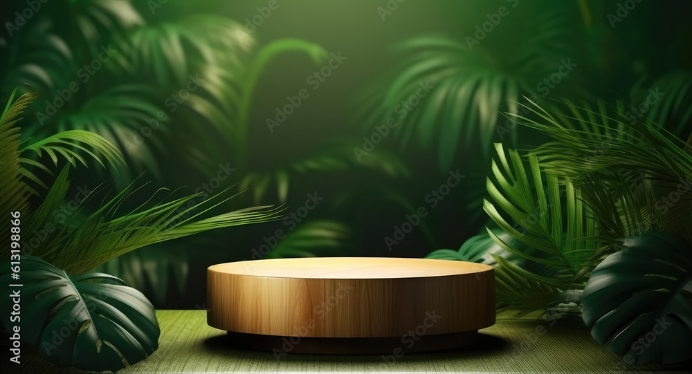 AI-designed podium for product display in tropical garden AI-designed podium for product display in tropical garden