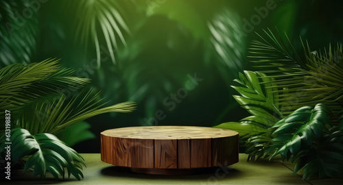 Podium display with tropical garden backdrop, AI-generated