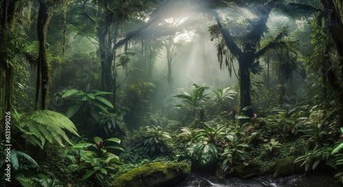 AI-created aerial panorama of foggy rainforest landscape