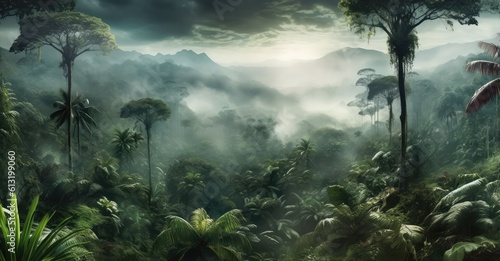 AI-crafted panoramic view of a foggy rainforest