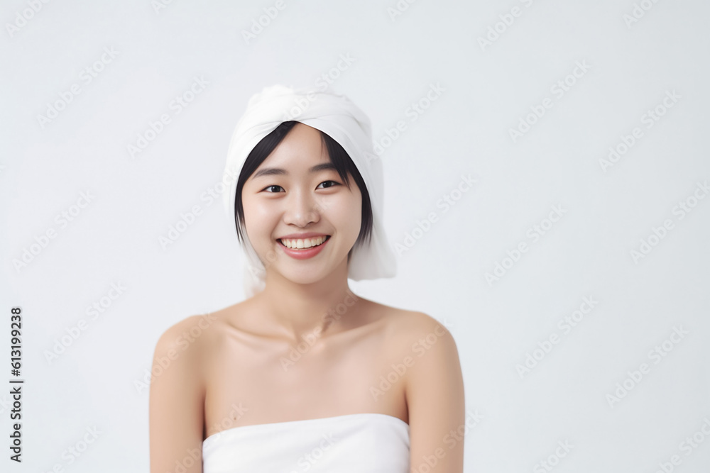 Freshly showered Asian woman smiles at the camera with a towel wrapped around her hair against a white background. generative AI Freshly showered Asian woman smiles at the camera with a towel wrapped around her hair against a white background. generative AI