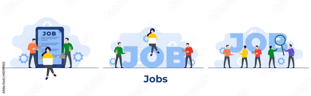 Set of job search flat illustrations, Job candidates seeking job opportunities, Recruitment, HR, Hiring employees concepts for landing page, web banner, social media, infographic, mobile app Set of job search flat illustrations, Job candidates seeking job opportunities, Recruitment, HR, Hiring employees concepts for landing page, web banner, social media, infographic, mobile app